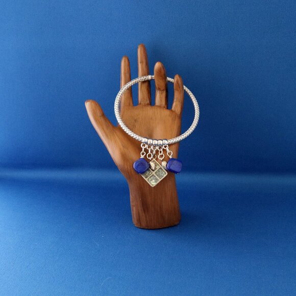 Ancient Roman Glass and Lapis Lazuli Silver Bangle Bracelet - Picture 2 of 4